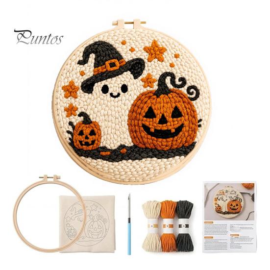Holiday Gift for Craft Enthusiasts Halloween Punch Needle Kit, Pumpkin Ghost Kit with Complete Yarn Crafting Package Embroidery Hoop, Easy Art Project