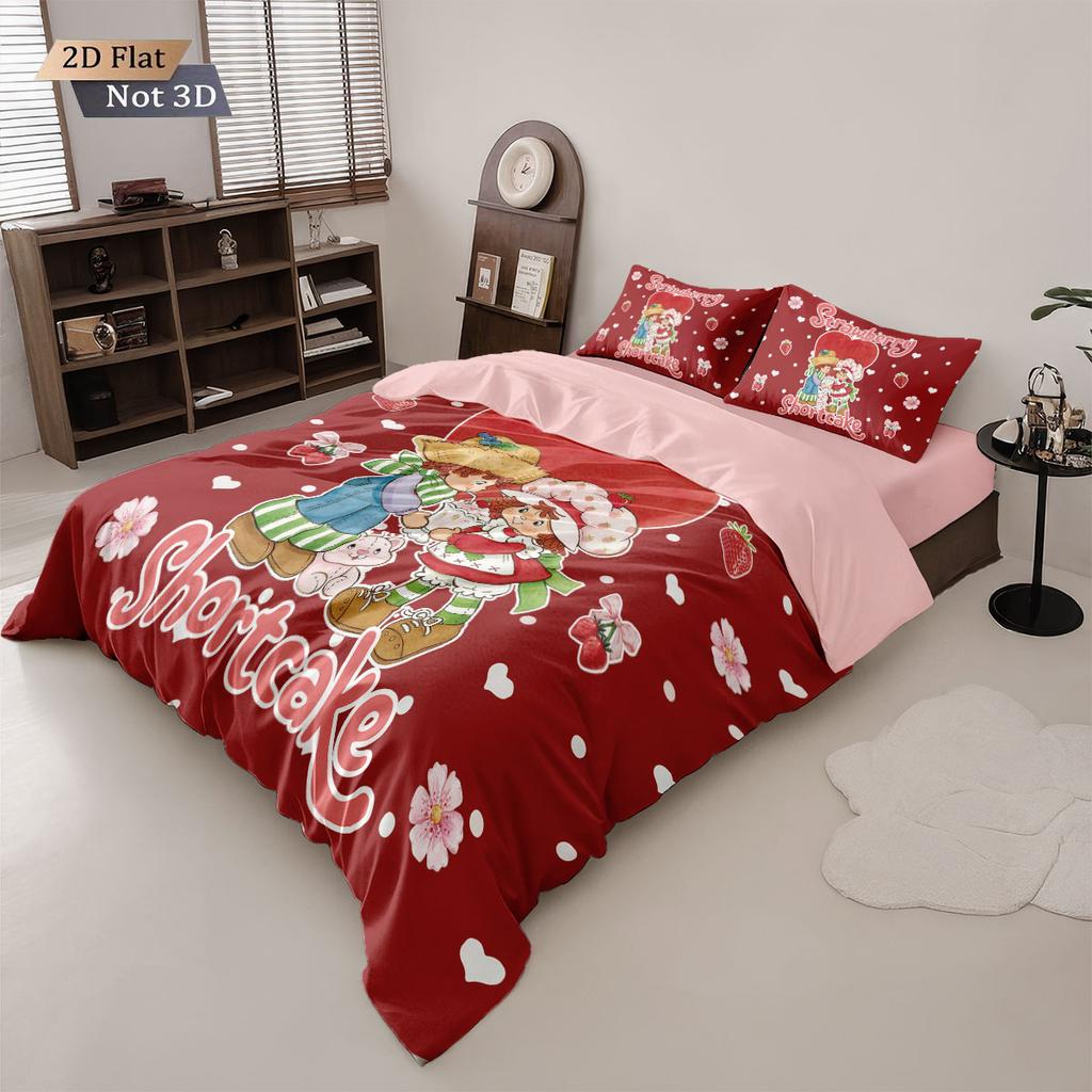 3Pcs Pink Strawberry Girl Printed Down Duvet Cover Set, Multi Size Bedroom Bedding Decoration, Machine Washable