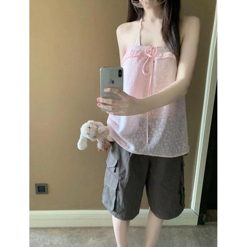 

Kumikumi Сладкий Сексуальный Стиль Розовый Халтер Бретельки Спагетти Женское Летнее Бандажное Платье Со Сборками Цветочный Без Бретелек Жилет Комплект из Двух Предметов Pink interior L