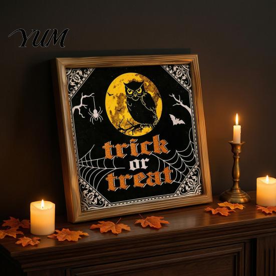 Decorative Wooden Photo Frames Halloween Framed Decor Sign, Happy Trick or Treat Printed Picture Frame, Gift for Home Witch Castle Owl Wall