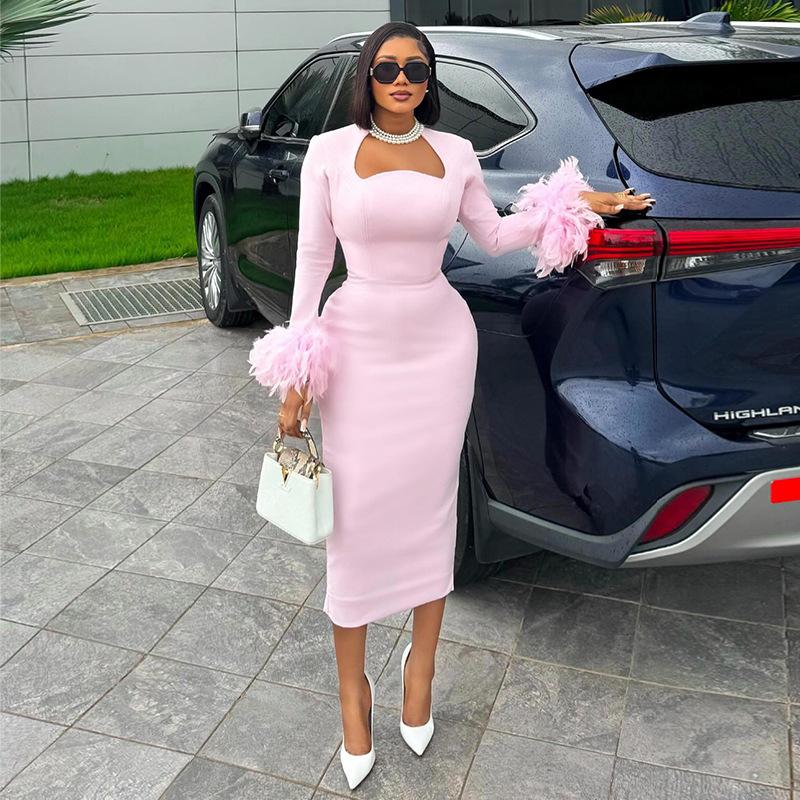 

Платье с квадратным воротником и высокой талией для женщин, осень 2024 г. M розовый