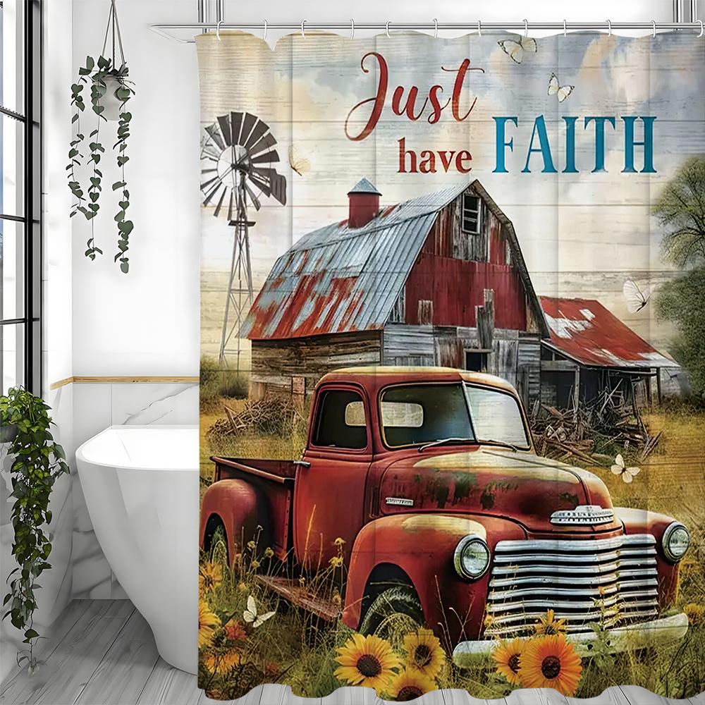 Farmwood Room Red Car Floral Shower Curtain, Bathroom Decorative Shower Curtain, Waterproof Shower Curtain with Hooks