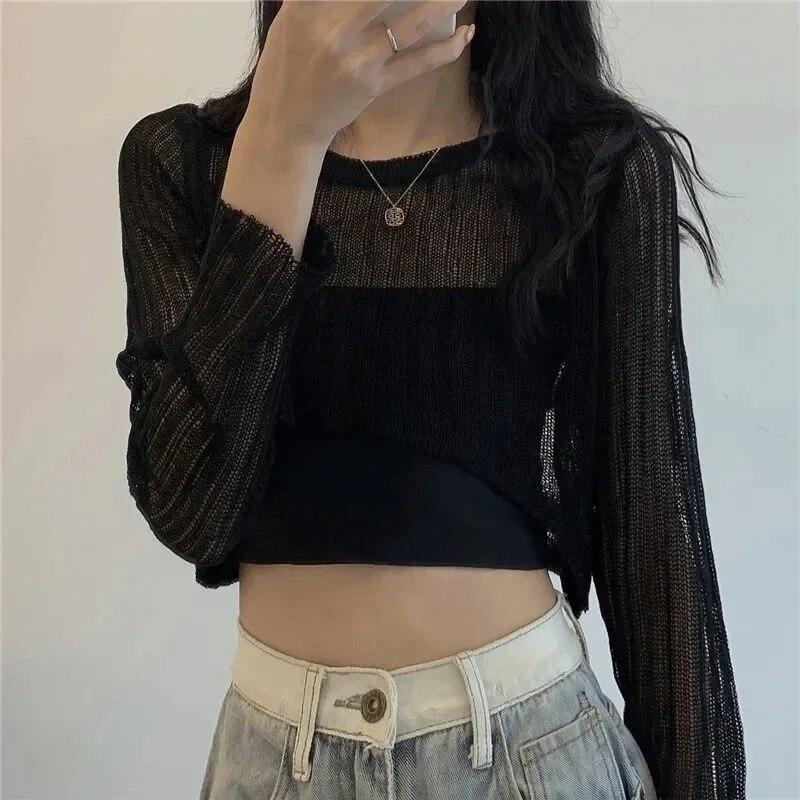 Long Sleeved Hollow Knit Sunscreen Blouse Slim Thin Pullover Women's Crop Top Simple Casual Commuting Spring Summer