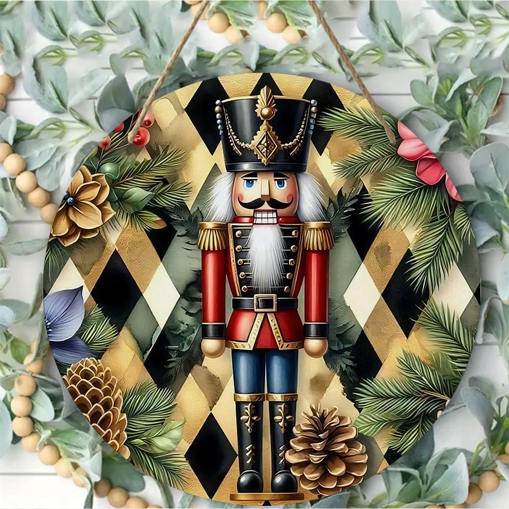 Vintage Nutcracker Festive Botanical Round Wooden Hanging Plaque Home Wall Decor Xmas Front Door Ornament Holiday Party Sign Gift