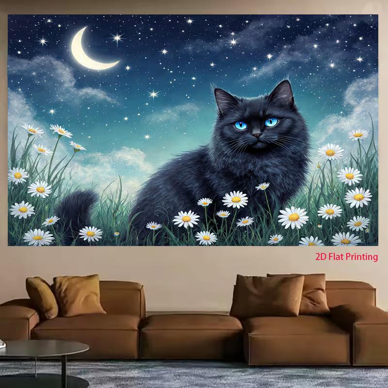 2D Magical Moonlight Cat Backdrop Cloth, Night Sky & Flower Photo Background