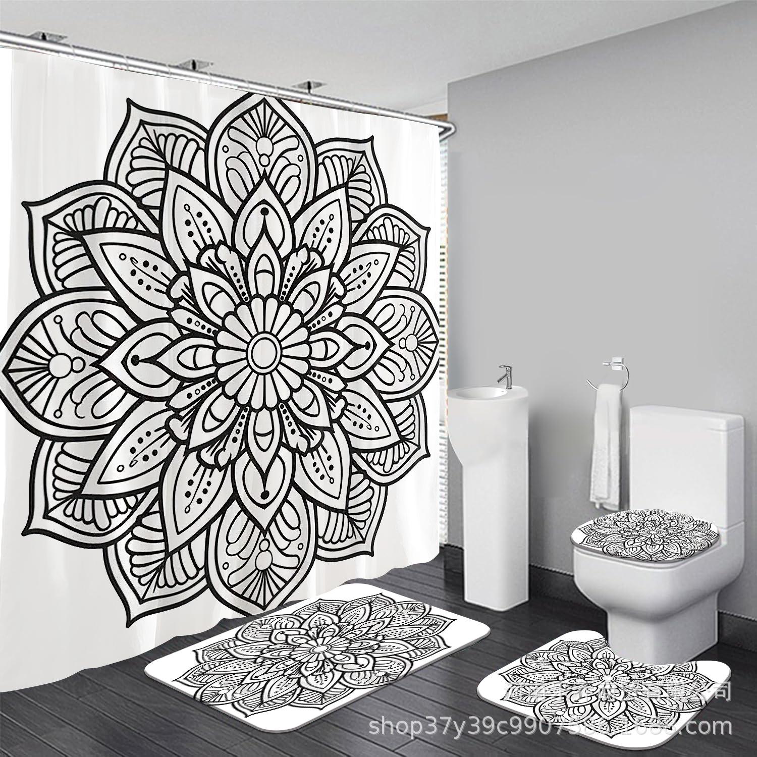 

Four-Piece Black Floral Shower Curtain Set with Non-Slip Water-Absorbent Floor Mat, Multiple Sizes Set of 12 Hooks