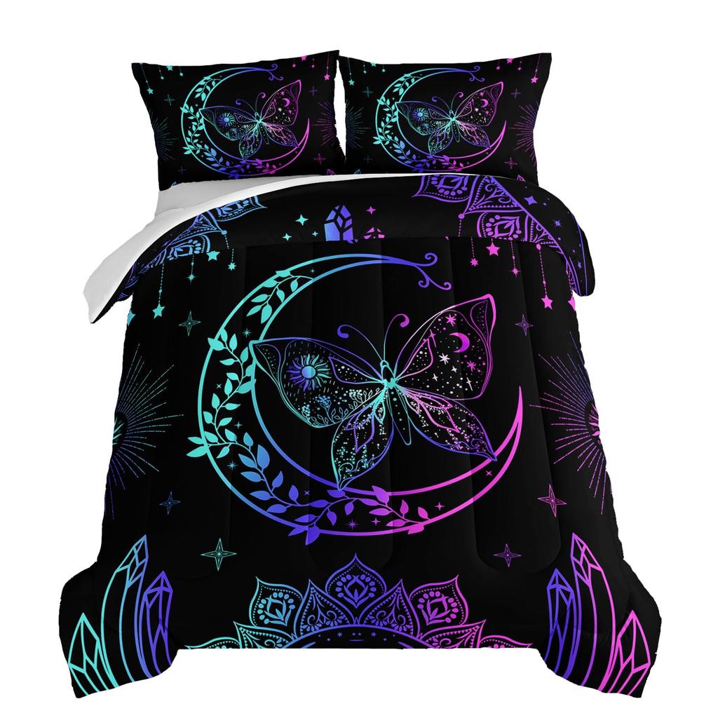 Set Biancheria da Letto Farfalle Scure per Bambine Ragazze Set Copripiumino Farfalle Set Coperta Trapuntata Copri Trapunta Camera da Letto 3 Pezzi Full King Size