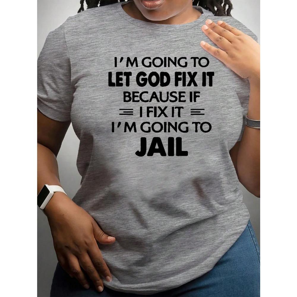 Large Size Women's Slogan Printed Round Neck Loose Short Sleeved Casual T-shirt, Suitable for Daily Commuting and Shopping