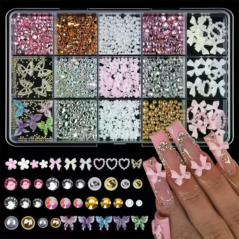 12/15 Grids/Box 3D Nail Art Decoration Kit With Resin Bowknot Pearls Heart & Assorted Shapes Kawaii Nail Charms DIY Manicure Art