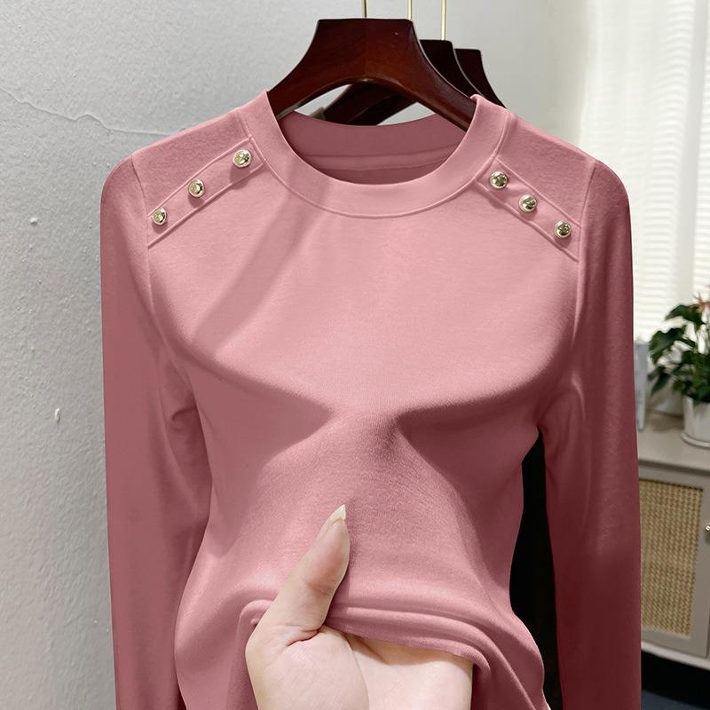 Button design imitation cashmere bottoming shirt women's round neck summer wear new women's clothing slim women's summer top