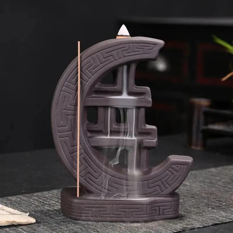 

Moon Design Backflow Incense Burner Handicrafts Incense Stick Holder Crescent Home Decor Purple Clay Censer (Without Incense)