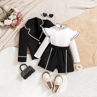 Girls' Fashion Set: Autumn and Winter Children's Casual Long-sleeved Shirt + Shorts + Lapel Blazer Set