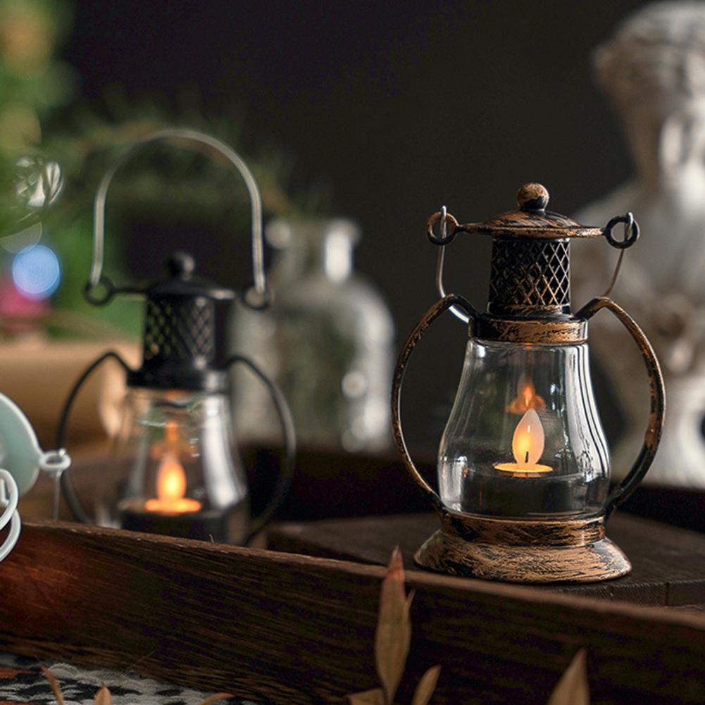 Retro LED Candle Lantern Light Portable Electronic Desktop Hanging Night Lamp Ornaments Garden Hanging Decoration Lantern