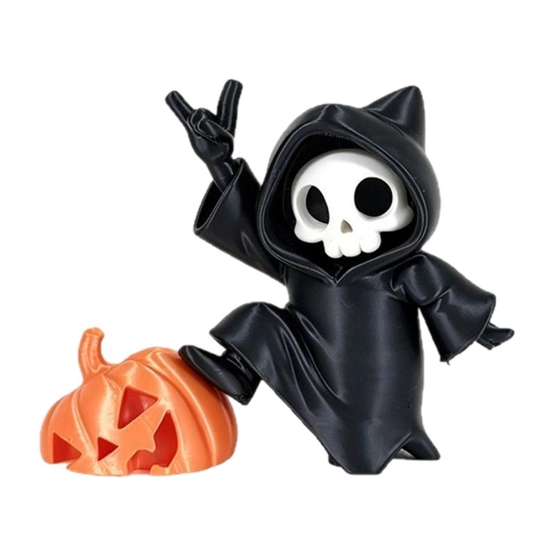 Pumpkin Skeleton Statues Halloween Grim Reapers Pumpkin Figurines Plastic Figure, Seasonal Display Accent for Entryway Shelf Desk Party Table, Office,