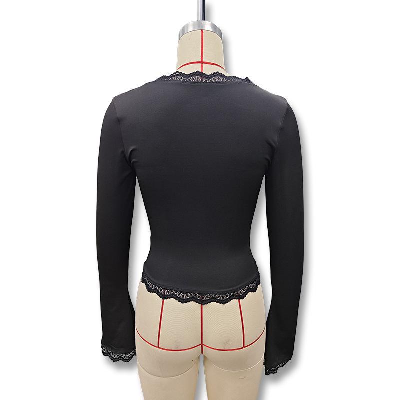 T-shirt da Donna 2025 Stile Europeo & Americano con Bordi in Pizzo, Manica Lunga, Autunnale, Snellente, alla Moda