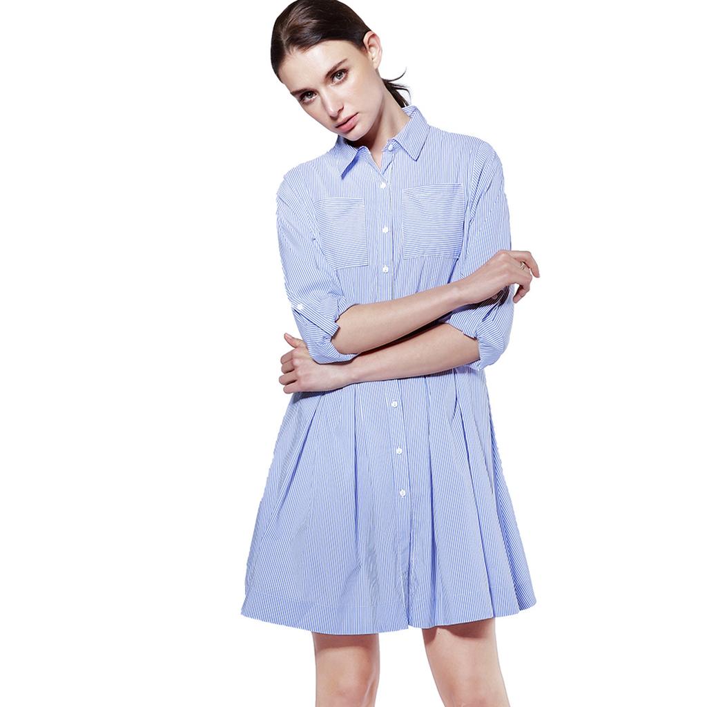 Spring and Summer Women's Dress Long-sleeved A-shaped Striped Shirt Skirt Long Commuter Pleated
