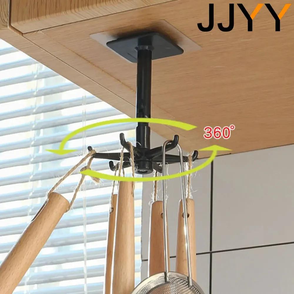 360 Rotating Kitchen Storage Rack Bathroom Organizer 6 Hooks Multifunctional Shelf Holder Space Saver