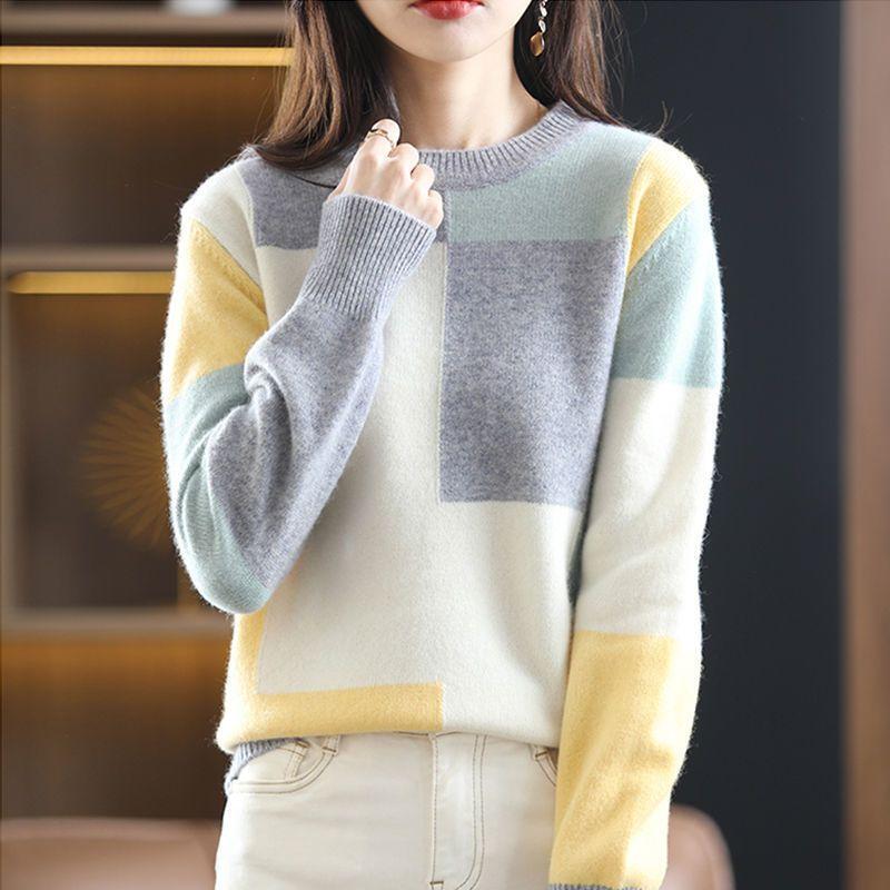Spring Autumn Women's Crew Neck Color Block Sweater Long Sleeve Pullover Sweater Sweater Sweater Tops Jumper