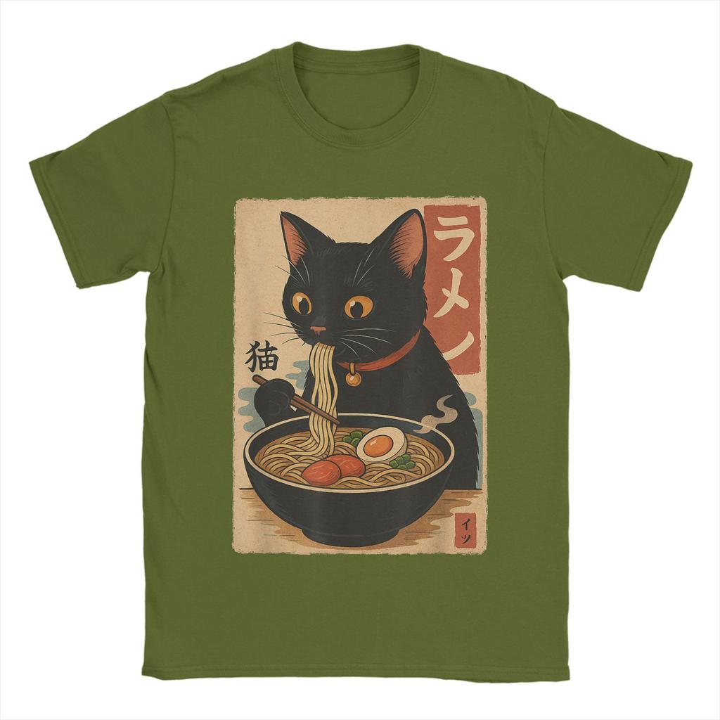 Japanese Black Cat Ramen Men's T Shirt Kawaii Noodle Cat Tee Shirt Short Sleeve Round Collar T-Shirt Pure Cotton Printed Clothes