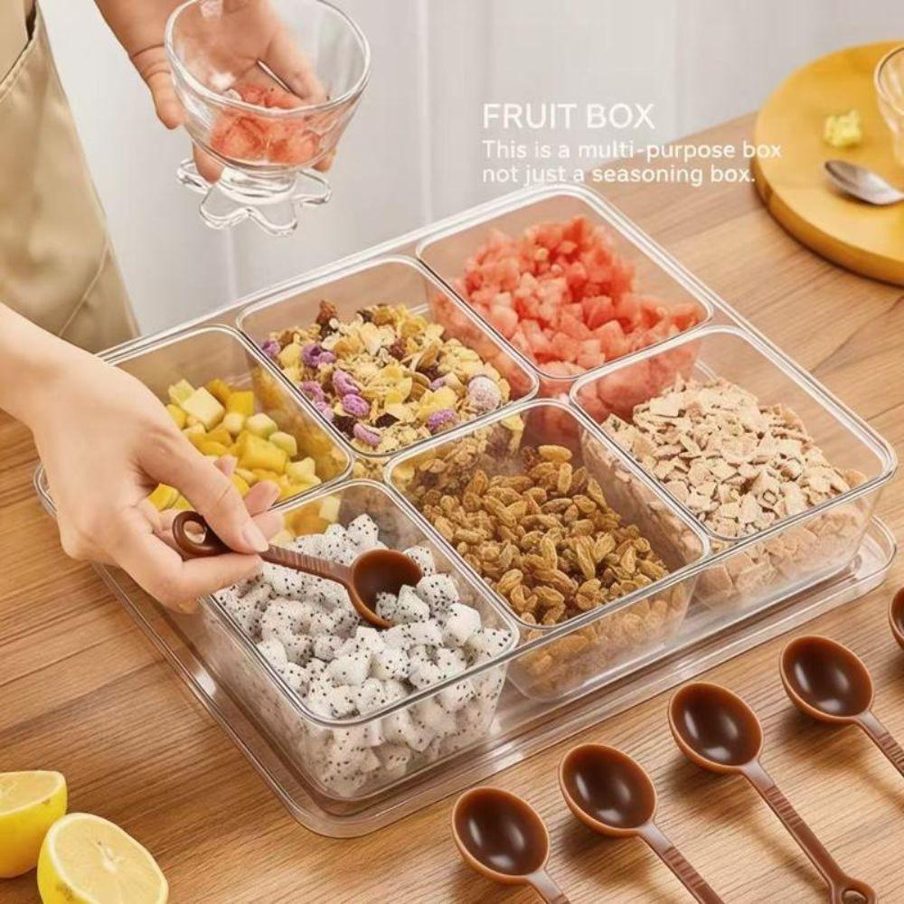 with Lid Ice Powder Box 6-Compartment Fruit Salad Box Seasoning Storage Box for Spices Powders