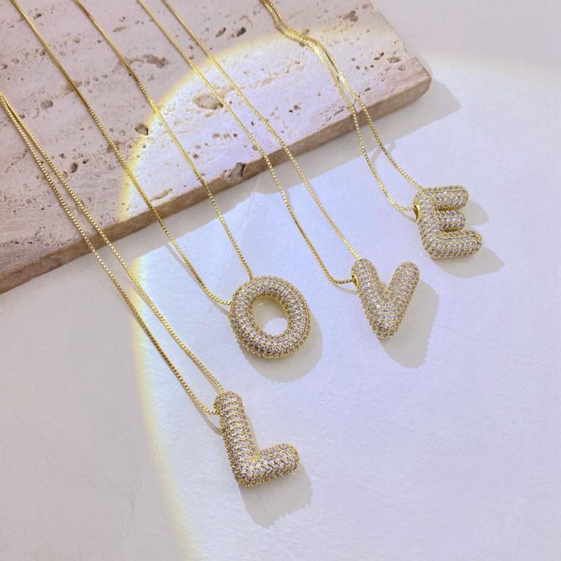 Copper Pendant Necklace With Zirconia Letter Charm Gold Rose White Box Chain Women Men Fashion Jewelry