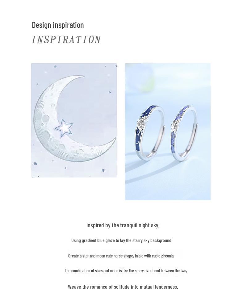 Tichya Original Zodiac Horse Couple Rings: Star Moon Design, S925 Sterling Silver, Enamel Finish, Adjustable Size.