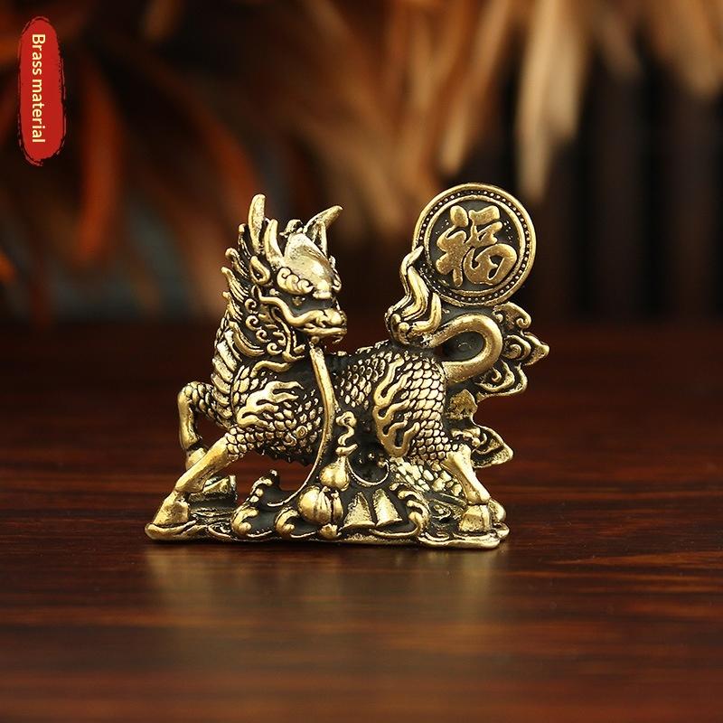 Feng Shui Kirin Statue - Brass Lucky Qilin Figurine with "Fu" Coin for Wealth