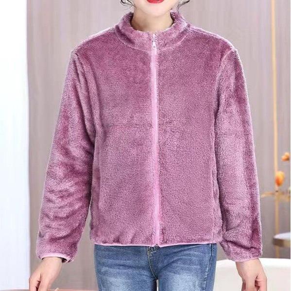 Women's Double-Sided Plush Fleece Cardigan Jacket with Stand Collar and Soft Shell for Warmth