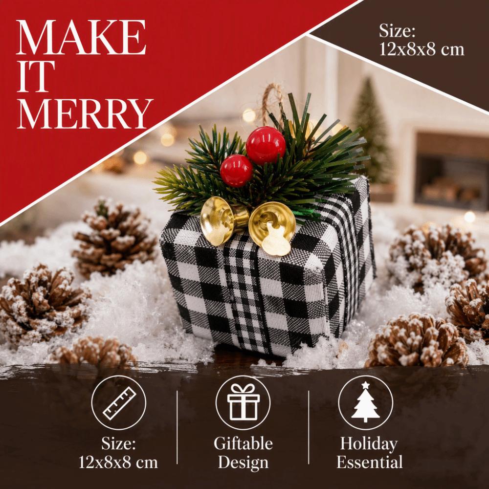 Mini Christmas Gift Box Ornament Artificial Plaid Xmas Tree Ornament Jingle Bell Christmas Decoration Hanging Gift Pendant