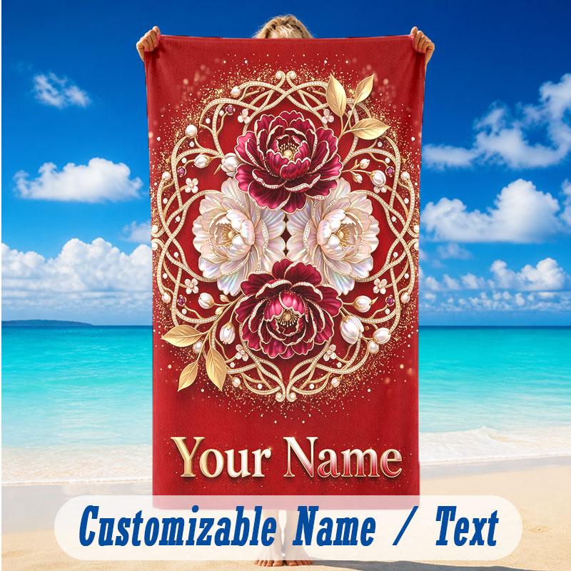 Floral Garden Theme Beach Towel Personalized Custom Name & Text Soft Quick Dry Beach Towel for Swimming Travel