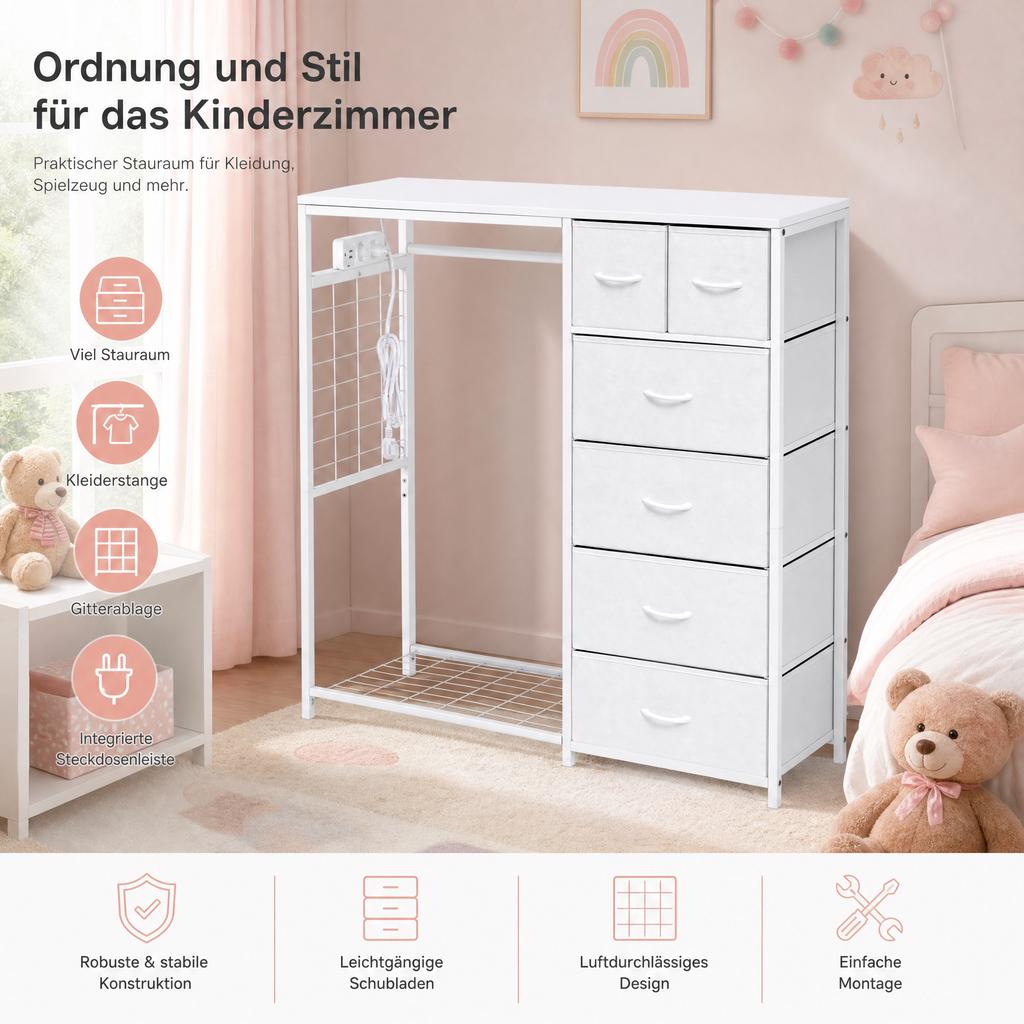 Children's Wardrobe with 6 Drawers, Clothes Rail & Socket - Multifunctional Coat Rack for Children's Room, White