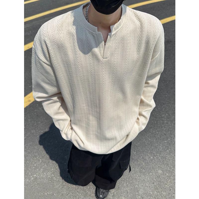Men's American Trendy V-Neck Jacquard Sweatshirt: Loose Fit, Long-Sleeve, Casual High Street Style T-Shirt for Autumn.
