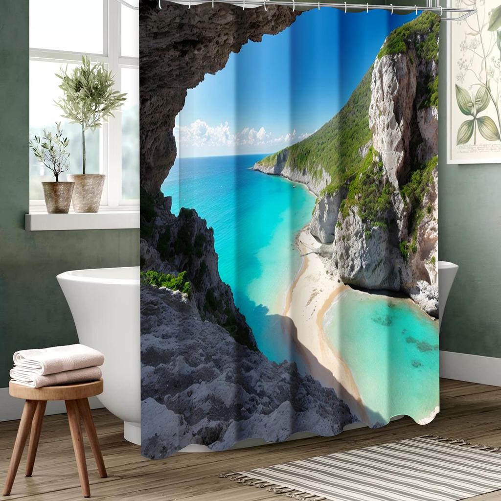 Beach  Bathing Curtain  Bathroom Letters Shower Curtain Waterproof With 12 Hooks Fishes Home Deco Free Ship