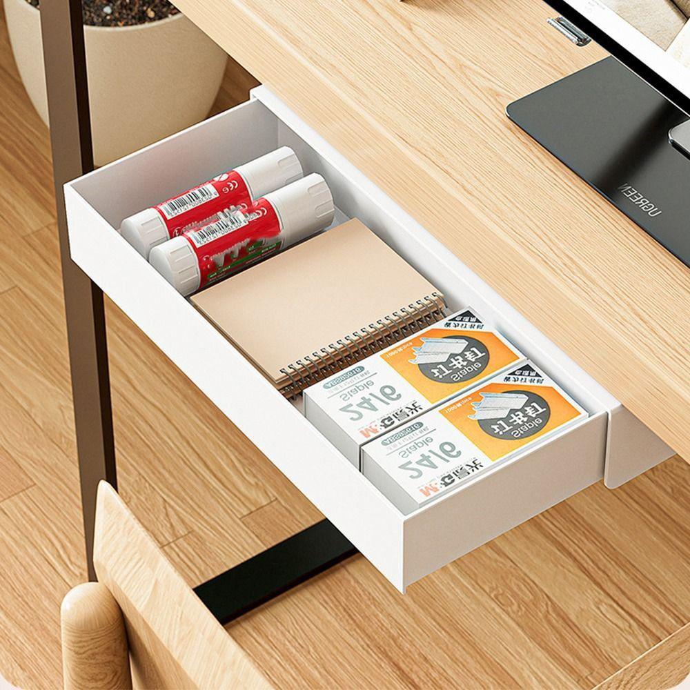 White Under Desk Storage Box Hidden Design Self Adhesive Desk Storage Drawer Organizer Drawer Storage Box