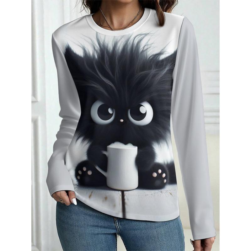 Fashion Cute Cat Print Women Long Sleeve T Shirt Crew Neck Pullover Tops Casual Fall Trend Women's Clothing Tops Tees