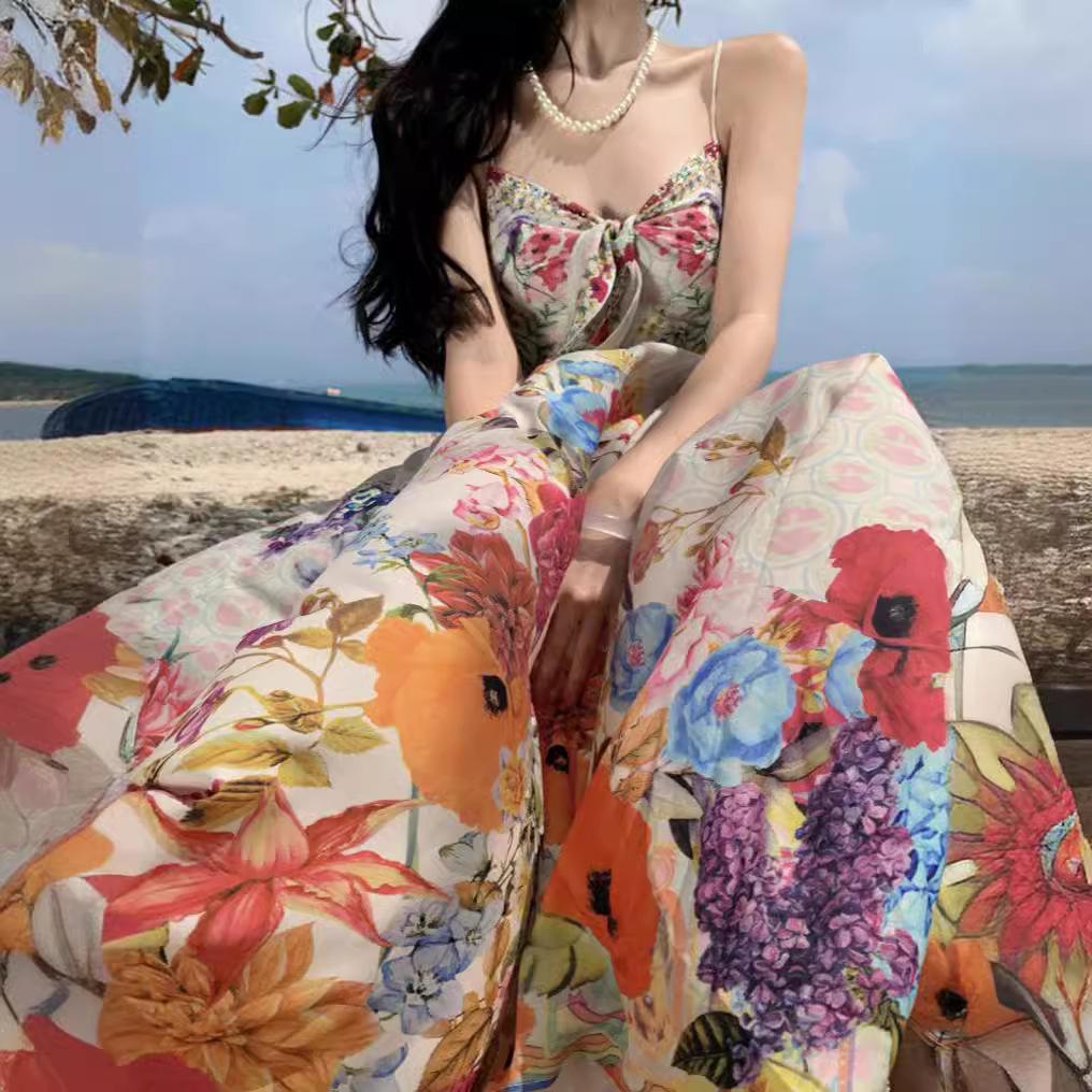 New Color Broken Flower Suspender Strap High Waist Vacation Dress Fashion Fashion Temperament