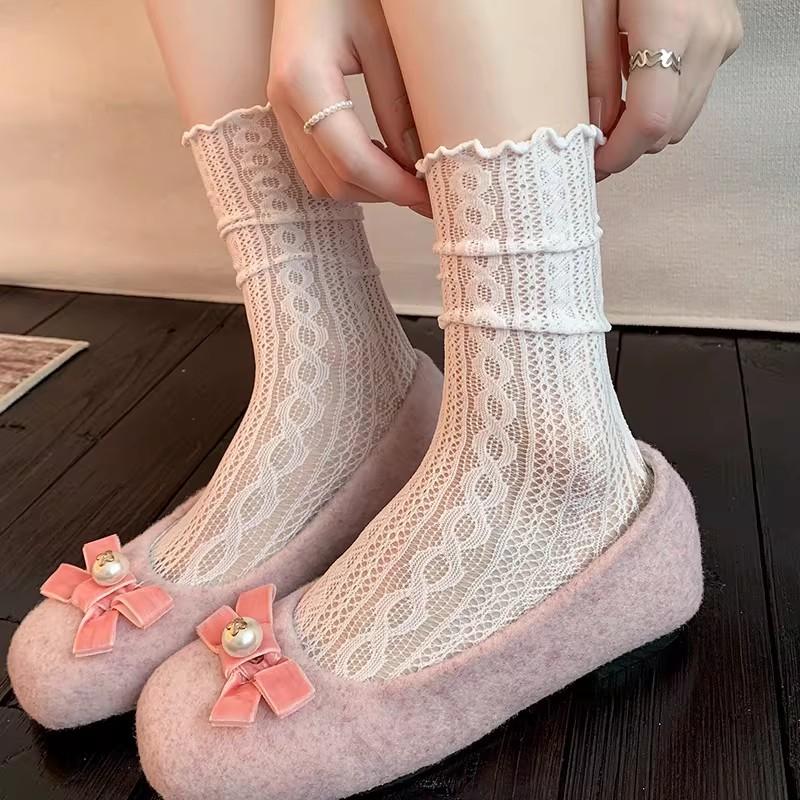 Lolita Lace Short Summer Socks Japanese Sweet Ruffle Hollow Out Cotton Lace Lolita Style Princess Socks High Quality Socks One Size бежевый