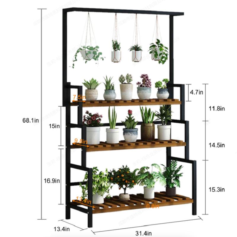 3-Layer Flower Rack with Hanging Basket Black Plant Stand Indoor Flower Display Pot Metal Shelves Plant Rack