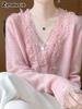 Youthful Trendy Open-Front Cardigan Women V-Neck Top Lace Trim Knit Sweater Coat Autumn Korean Style