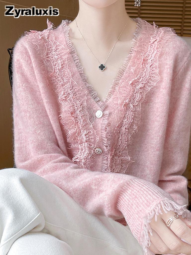Youthful Trendy Open-Front Cardigan Women V-Neck Top Lace Trim Knit Sweater Coat Autumn Korean Style