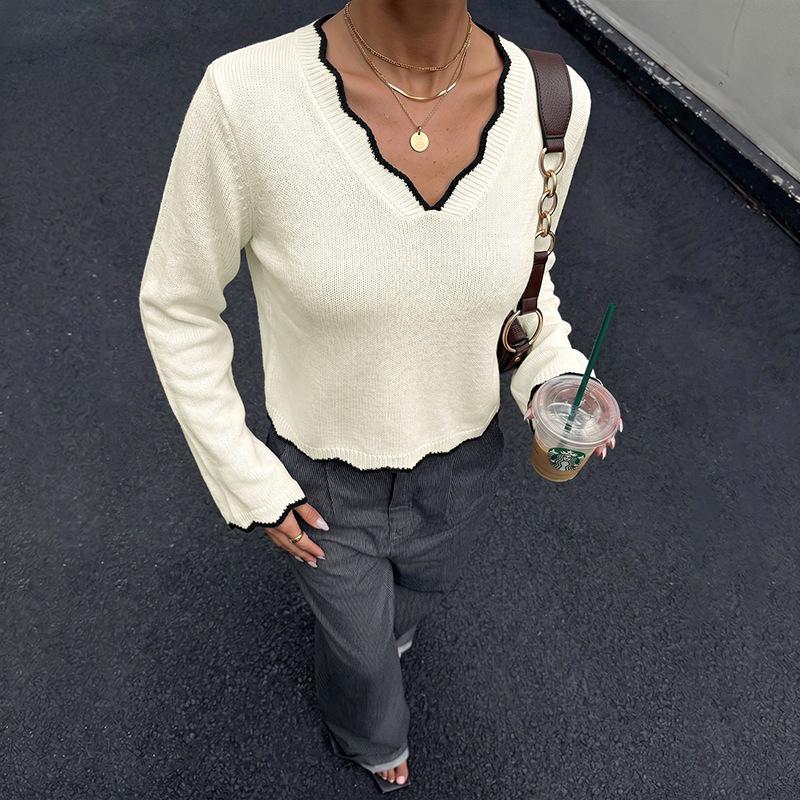 2026 Fall/Winter Color Block V-Neck Knit Sweater - Casual Wave Edge Short Wool Top