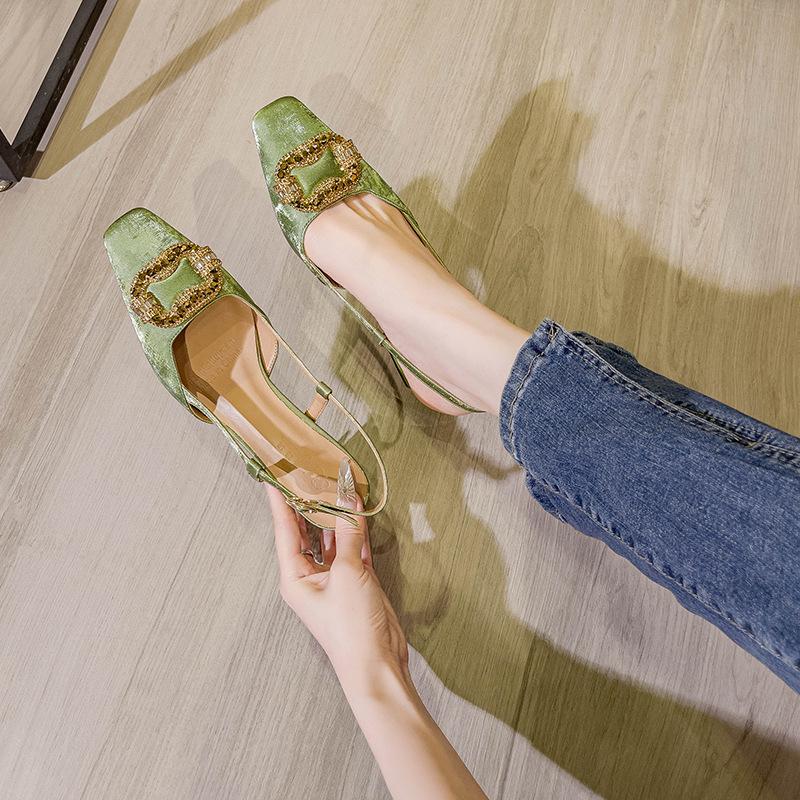 

Baotou sandals women s 2025 new summer fairy wind rear strap square head high heels women s thick heel rear empty single shoes 40 зелений