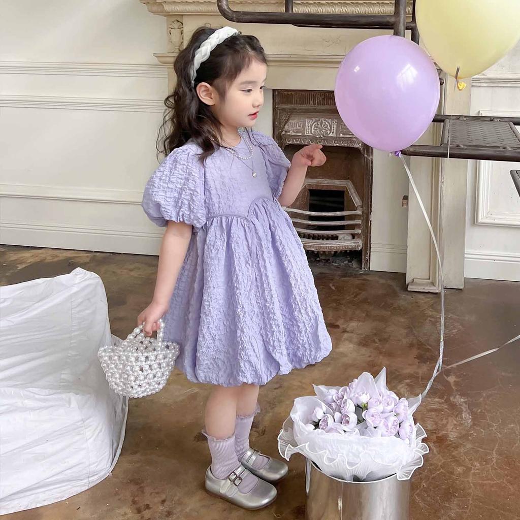 Girls' Summer Dress Solid Color Sweet Dress Short Sleeved Princess Dress Fluffy Dress for Children Clothing