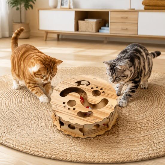 Indoor Cat Puzzle Track Interactive Toy with Rolling Balls, Durable Density Board Scratching Pet Games Toy, Anxiety Relief Wooden Maze for