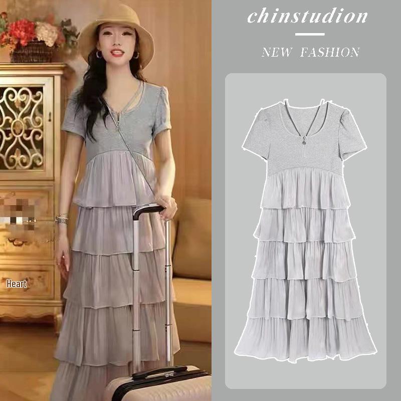 Summer 2026 Casual Maternity Midi Dress with Layered Skirt M