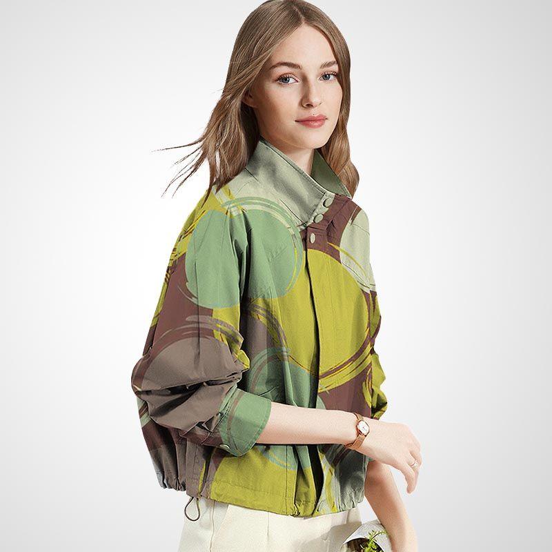 

Повседневный Шик Воротник-стойка Короткий Тренч на Кулиске и Молнии Yellow Green Print S