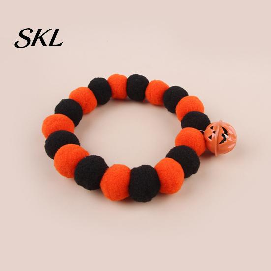 Stretchy Pet Collar Halloween Pom-Pom Collar, Cute Stretch Cat with Pumpkin Festive Bell, Soft Black Orange Pom-Poms for Cats Small Dogs Plush Pom-pom
