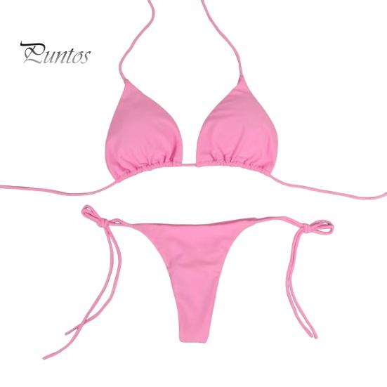 

2 шт./комплект, женский купальник-бикини с треугольными чашечками, бретельками через шею, с подкладками для груди, купальник-стринги со шнуровкой, сексуальный пляжный костюм для отдыха на пляже и у бассейна M розовый