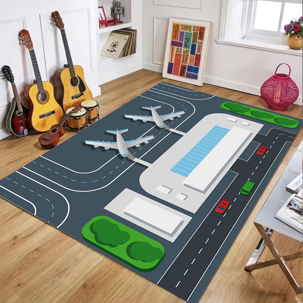 Airport Runway Living Room Carpet Simulation Airfield Pattern Area Rug Soft Non-Slip Creative Home Decor Aviation Theme Floormat