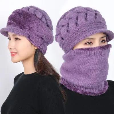 Thicken Warm and Windproof Riding Hat Knitted Scarf Ladies Winter Woolen Hat Plus Fleece Warm Knitted Hat Scarf Set